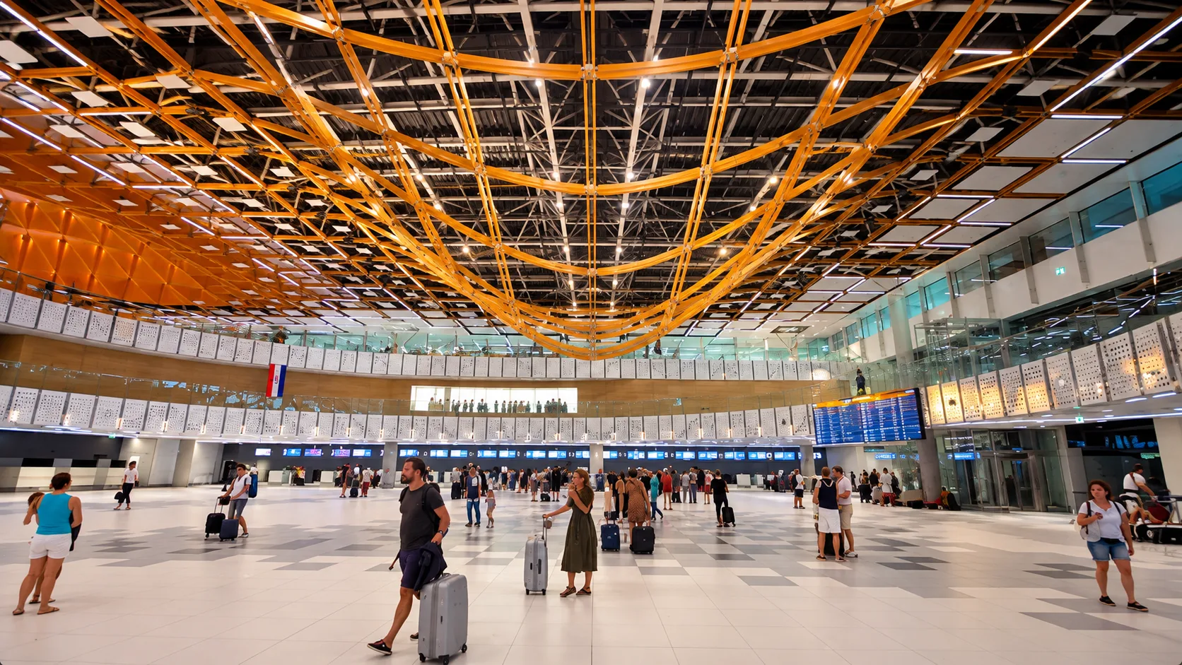 Modern interior of Split Airport terminal with passengers and luggage